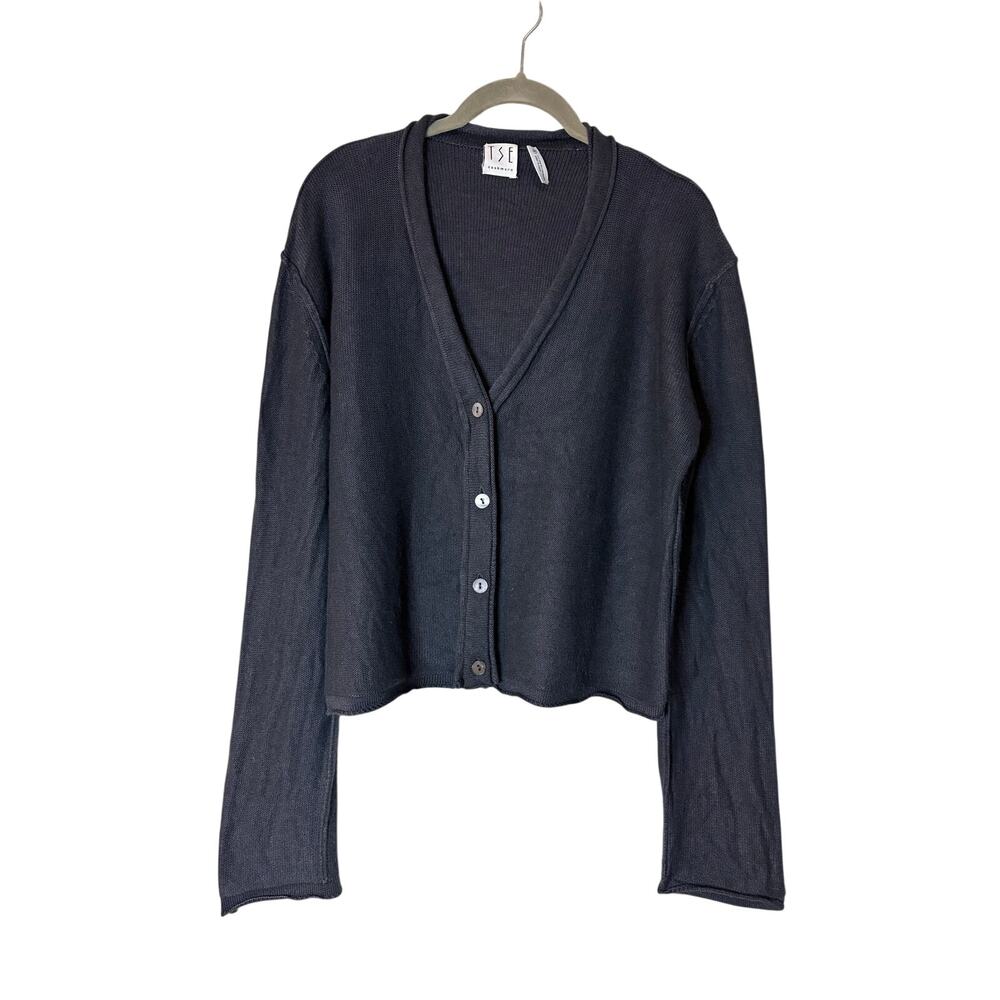 TSE Small Grey Cashmere Silk V-Neck Relaxed Slightly Cropped Cardigan Luxury